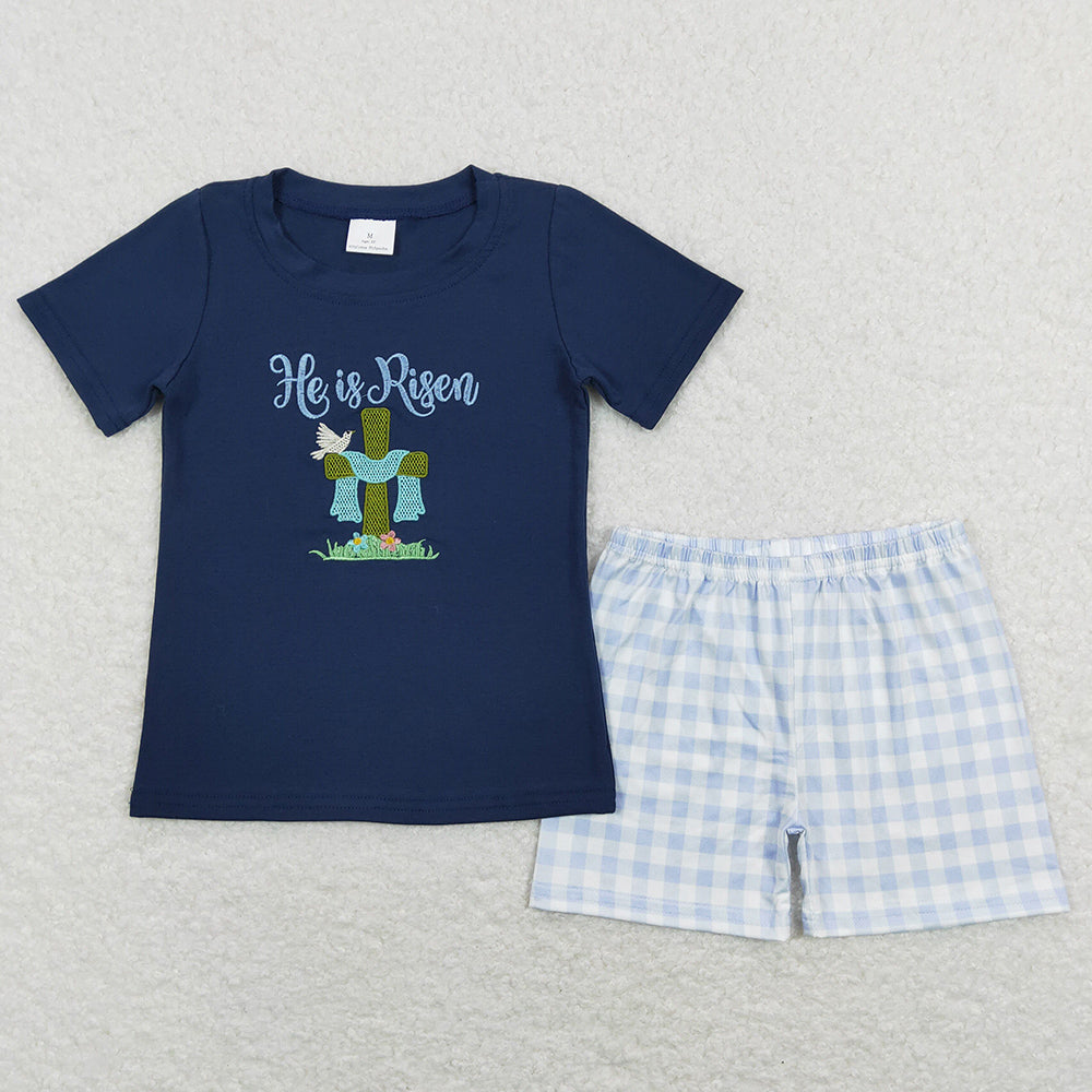 Baby Boys Clothes Easter He Is Risen Shirt Tee Shorts Kids Sibling Clothing Sets BSSO0319