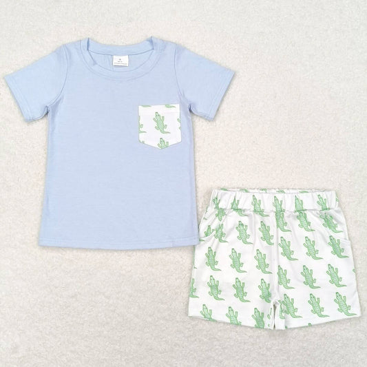 Baby Boys Clothes Blue Pocket Shirt Top Alligator Shorts Sets BSSO0782