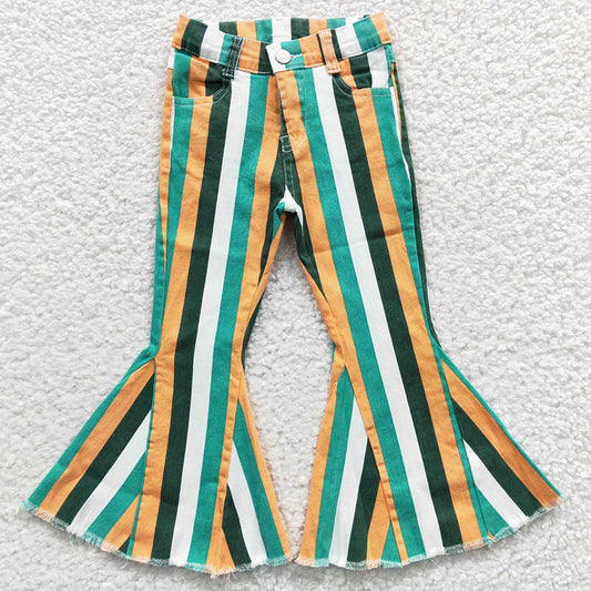 Baby Girls Jeans Pants Green Mustard Stripes Denim Bell Pants P0131