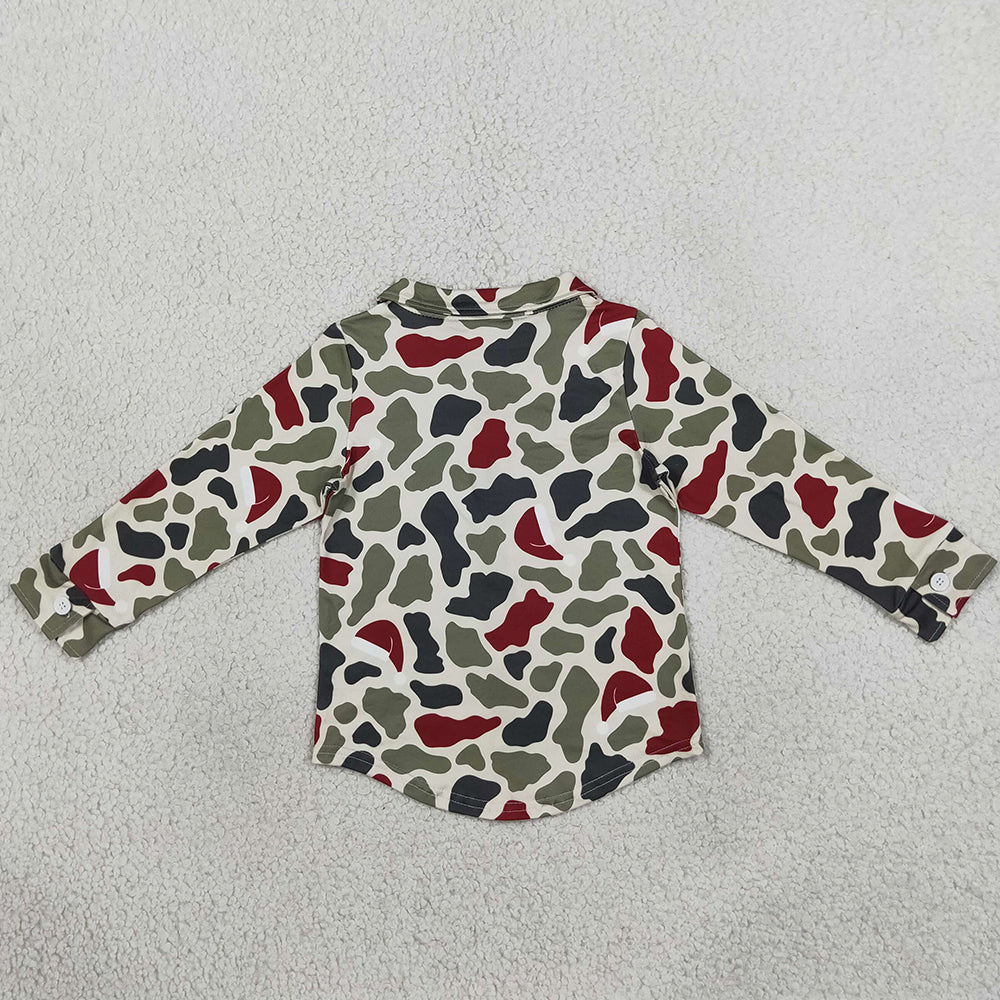 Baby Girls Clothes Long Sleeve Green Red Camo Christmas Button Shirts Top BT1875