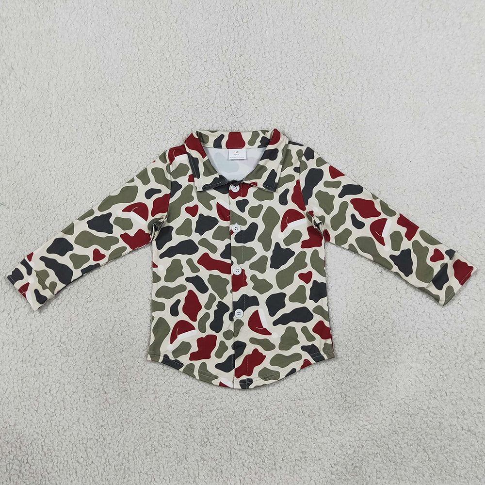 Baby Girls Clothes Long Sleeve Green Red Camo Christmas Button Shirts Top BT1875