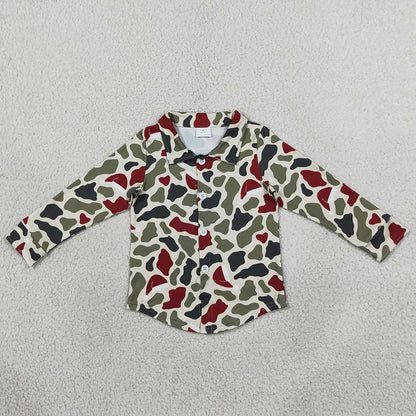 Baby Girls Clothes Long Sleeve Green Red Camo Christmas Button Shirts Top BT1875