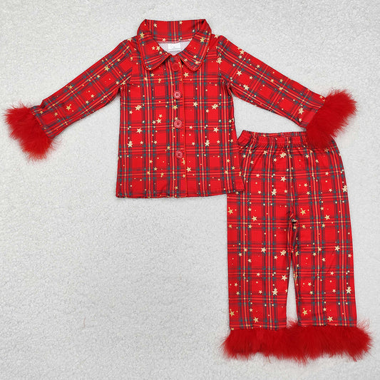 Baby Girls Pajamas Christmas Green Red Plaid Button Ups Shirt Pants Pajamas Clothes Sets GLP0956