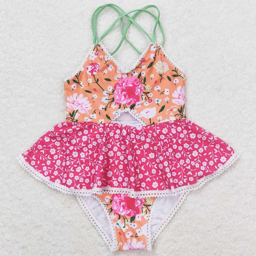 Baby Girls Swimsuits Orange Flowers Ruffle One Piece Swimsuits S0249