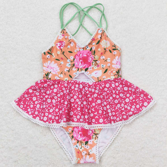 Baby Girls Swimsuits Orange Flowers Ruffle One Piece Swimsuits S0249