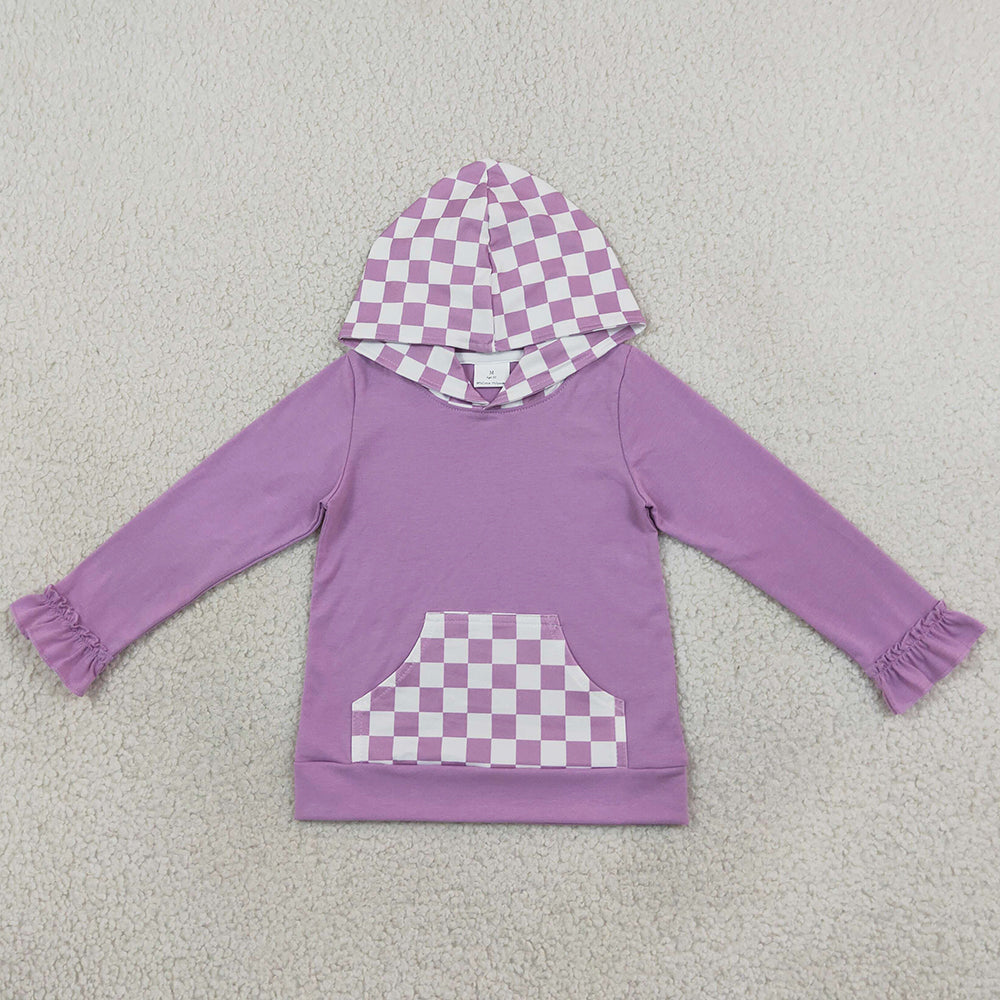 Baby Girls Clothes Long Ruffle Sleeve Lavender Checked Pocket Hoodies Top GT1852