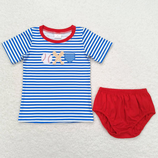 Baby Boys Clothes Bummies Shorts Blue Stripes Baseball Shirts Top Bummies Sets GBO0355