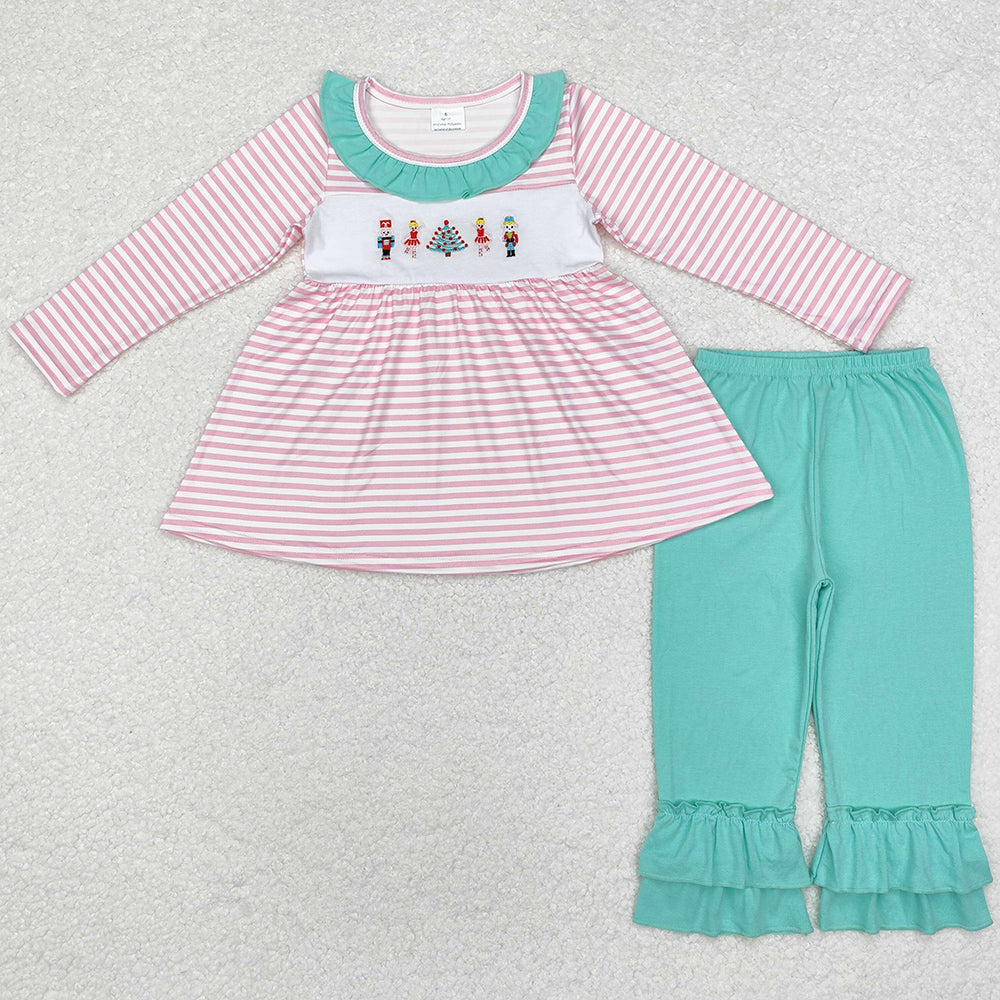 Baby Girls Clothes Pink Stripes Embroidery Tunic Top Ruffle Pants Sets GLP1455