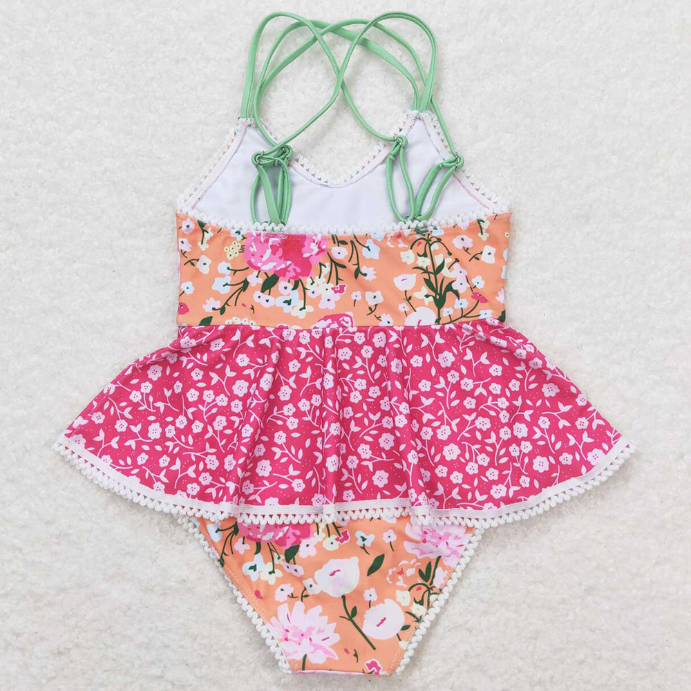 Baby Girls Swimsuits Orange Flowers Ruffle One Piece Swimsuits S0249