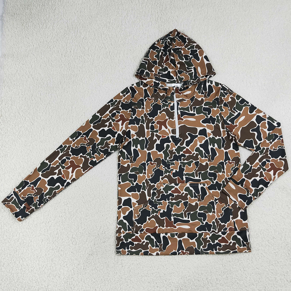 Adult Women Long Sleeve Dark Brown Camo Zip Pocket Hoodies Top GT1710