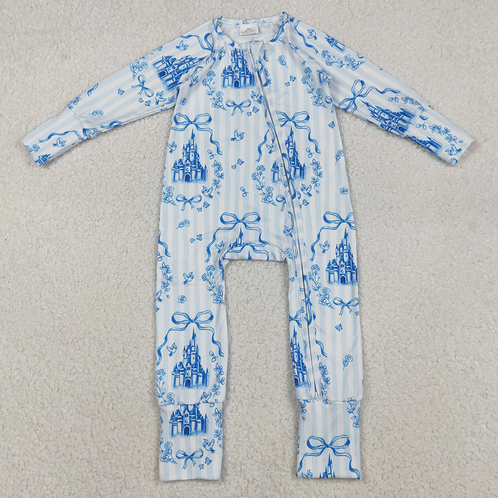Baby Girls Rompers Blue Stripe Bows Castles Two Way Zip Rompers LR2661 11.21