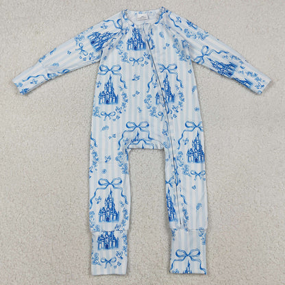 Baby Girls Rompers Blue Stripe Bows Castles Two Way Zip Rompers LR2661 11.21