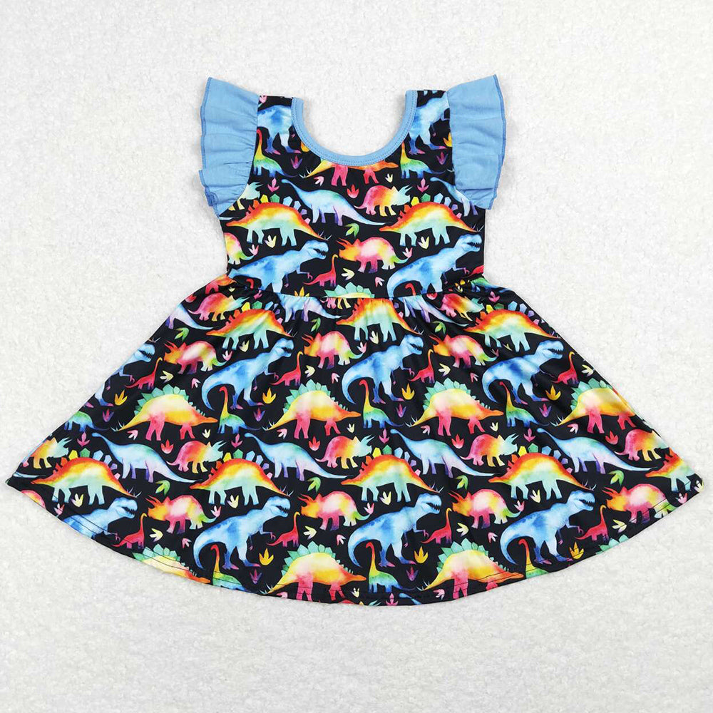 Baby Girls Dress Colorful Dinosaur Flutter Sleeve Twirl Knee Length Dresses GSD0516