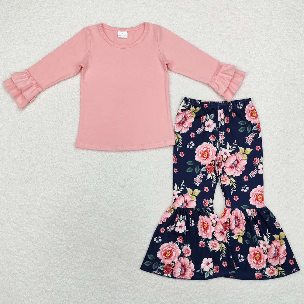 Baby Girls Clothes Pink Long Sleeve Top Flowers Bell Pants Sets GLP1684