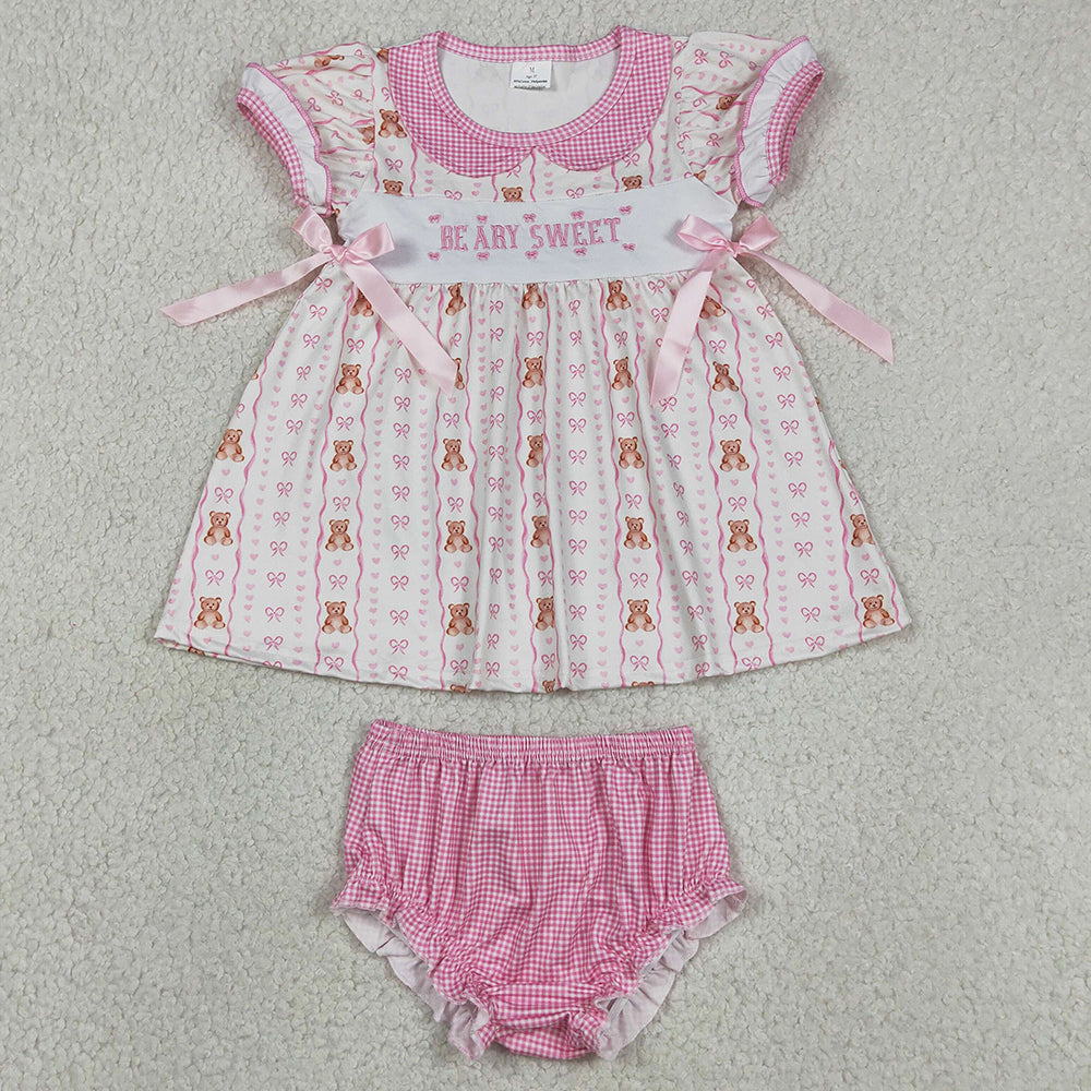Baby Girls Clothes Embroidery Be Ary Sweet Heart Bears Stripe Tunic Bummies Clothes Sets GBO0520