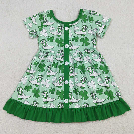 Baby Girls Dress Green Clovers Boots St Patrick Ruffle Knee Length Dresses GSD3404 1.8