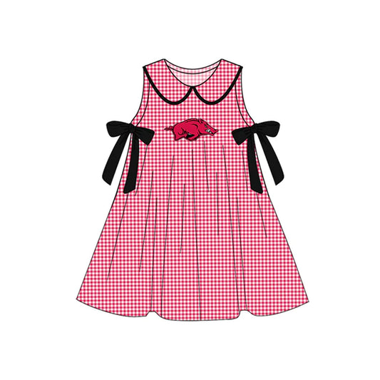 Preorder (moq 5)Baby Girls Red Plaid Sleeveless Bows Bull Team Knee Length Dresses 7.10