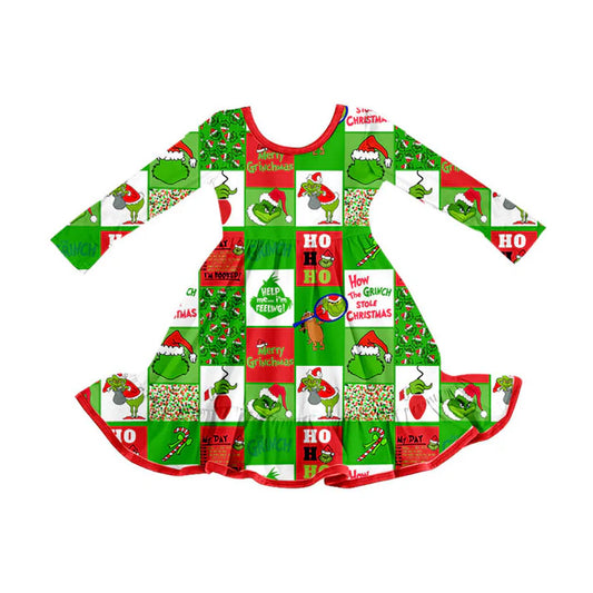 Preorder (moq 8)Baby Girls Green Faces Checked Christmas Ruffle Knee Length Dresses 9.10