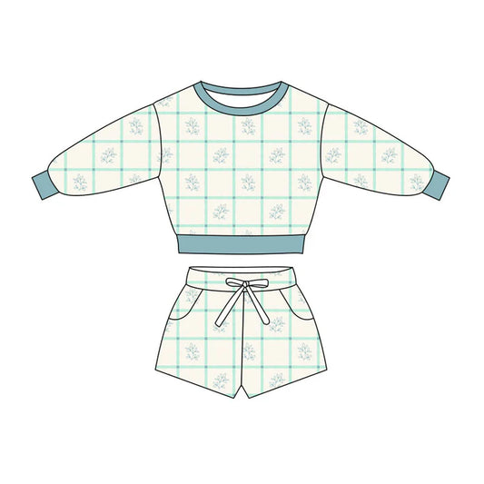 Preorder(moq 5) Baby Girls Green Flowers Checked Long Sleeve Pockets Shorts Clothes Sets 10.27