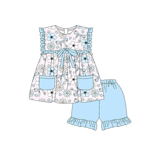 Preorder moq 5 Baby Girls Blue Sleeveless Bows Flowers Tunic Ruffle Short Set 4.18