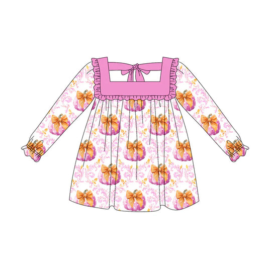 Preorder (moq 5)Baby Girls Long Ruffle Sleeves Pink Floral Pumpkins Knee Length Dresses 6.12