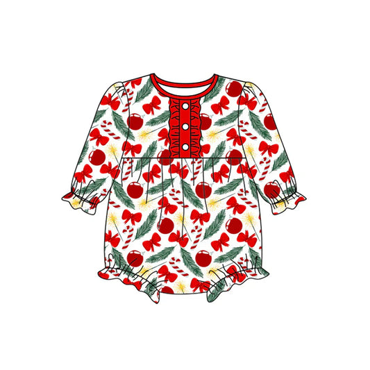 Preorder (moq 5)Baby Girls Long Sleeves Red Bows Cherry Button Ruffle Rompers 5.17