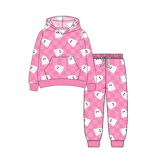 Preorder (moq 5)Baby Girls Long Sleeves Pink Plaid Ghosts Button Pockets Hoodies Top Legging Pants Set 7.1
