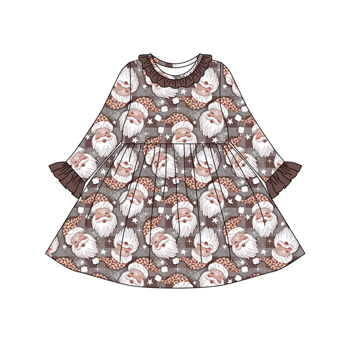 Preorder(moq 5) Baby Girls Brown Long Ruffle Sleeves Santa Plaid Knee Length Dresses 7.24