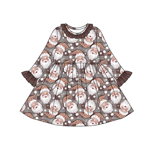 Preorder(moq 5) Baby Girls Brown Long Ruffle Sleeves Santa Plaid Knee Length Dresses 7.24