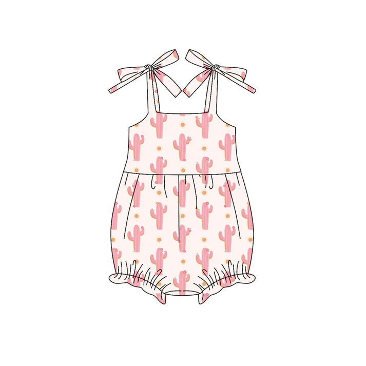 Preorder (moq 5)Baby Girls Bows Strap Light Pink Cactus Polka Dots Ruffle Rompers 6.4