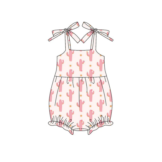 Preorder (moq 5)Baby Girls Bows Strap Light Pink Cactus Polka Dots Ruffle Rompers 6.4
