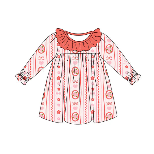 Preorder (moq 5)Baby Girls Long Ruffle Sleeves Peach Hearts Bows Stripe Knee Length Dress 7.28
