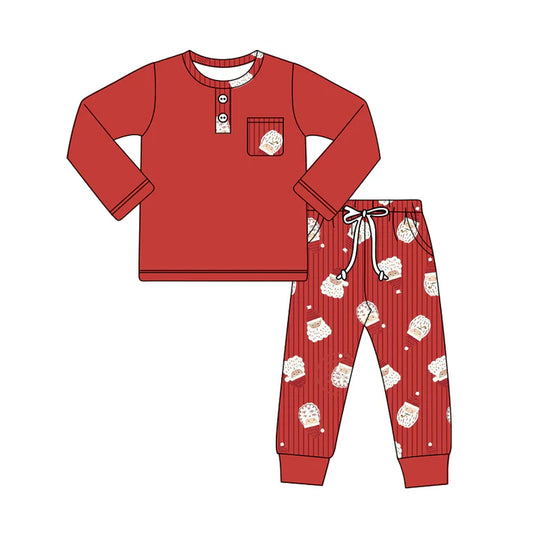 Preorder (moq 5)Baby Boys Red Long Sleeves Button Pocket Top Santa Plaid Leggings Pant Set 6.3