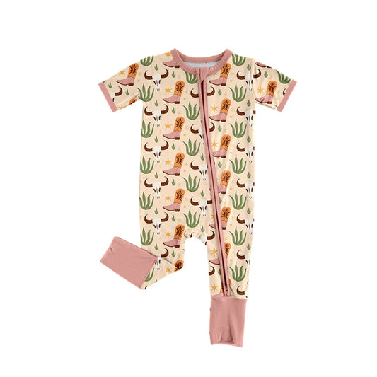 Preorder (moq 5)Baby Boys Peach Short Sleeves Bull Skull Cactus Zipper Rompers 5.26