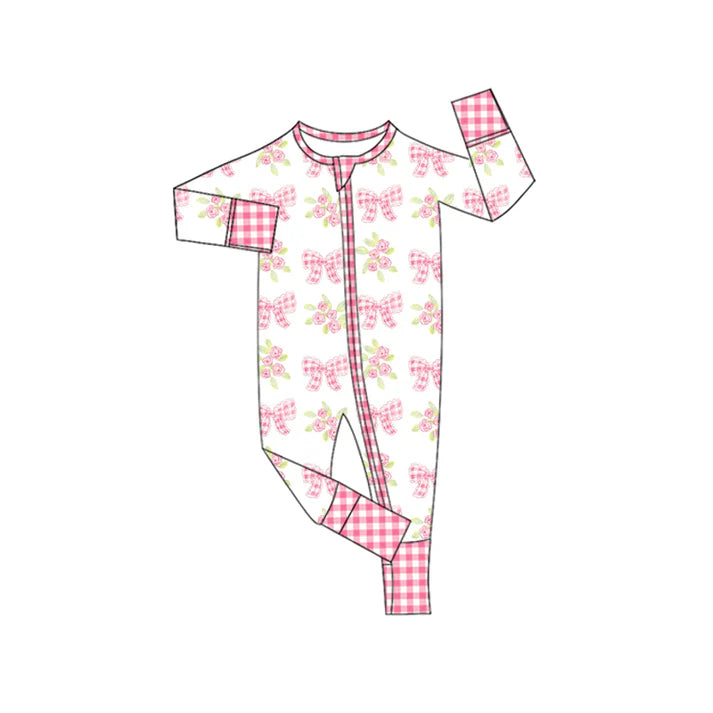 Preorder moq 5 Baby Infant Girls Long Sleeves Pink Plaid Bows Flowers Zipper Romper 7.16
