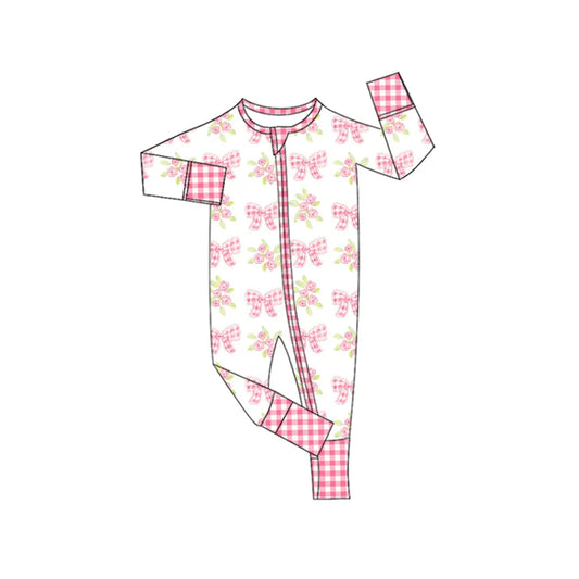 Preorder moq 5 Baby Infant Girls Long Sleeves Pink Plaid Bows Flowers Zipper Romper 7.16