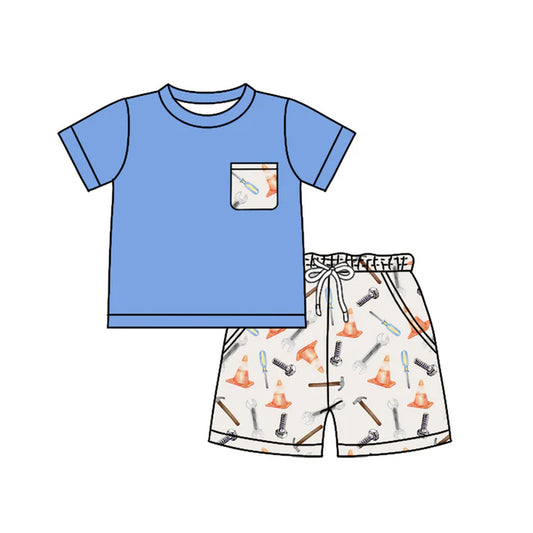 Preorder moq 5 Baby Boys Blue Short Sleeves Pocket Top Tools Short Set 4.14