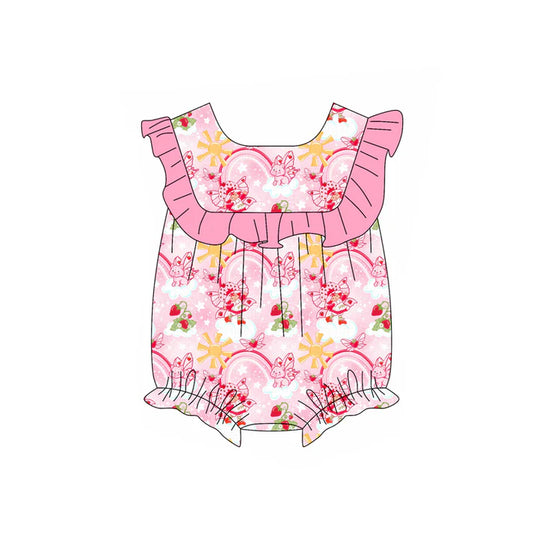 Preorder (moq 5)Baby Girls Sleeveless Pink Butterfly Rainbows Floral Ruffle Rompers 6.4