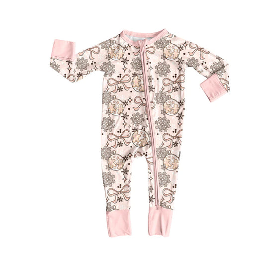 Preorder (moq 5)Baby Girls Long Sleeves Pink Snowflake Bows Plaid Zipper Pant Rompers 6.13
