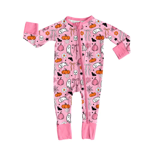 Preorder (moq 5)Baby Girls Long Sleeves Pink Ghosts Pumpkins Plaid Zipper Pant Romper 7.2