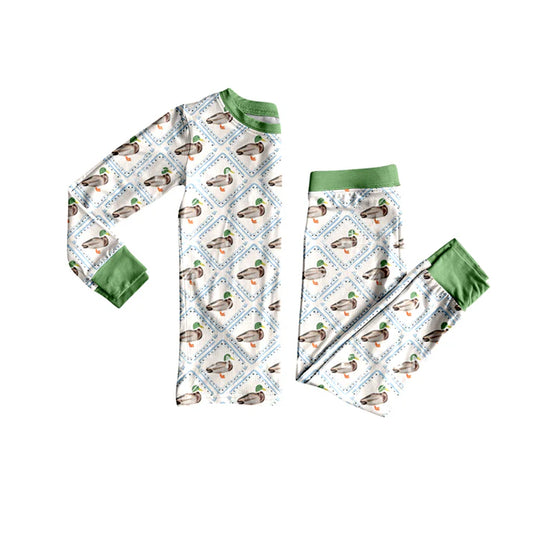Preorder (moq 5)Baby Girls Long Sleeves Green Ducks Plaid Top Pant Pajamas Set 5.24