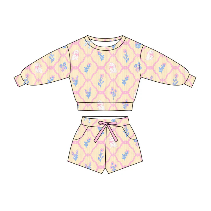 Preorder (moq 5)Baby Girls Flowers Rabbits Checked Top Pockets Shorts Easter Clothes Sets 11.27