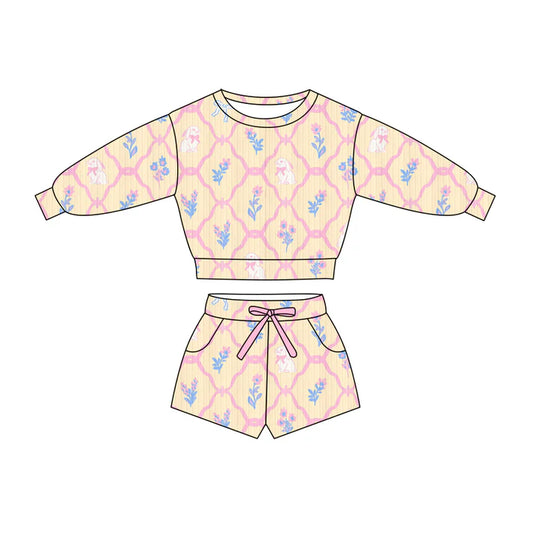Preorder (moq 5)Baby Girls Flowers Rabbits Checked Top Pockets Shorts Easter Clothes Sets 11.27