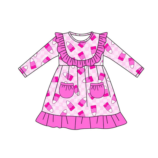 Preorder moq 5 Baby Girls Long Sleeves Hot Pink Pockets Candy Knee Length Dresses 5.8