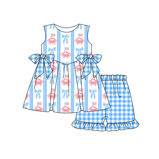 Preorder moq 5 Baby Girls Blue Sleeveless Crabs Flags Bows Tunic Plaid Ruffle Short 4th Of July Set 4.23