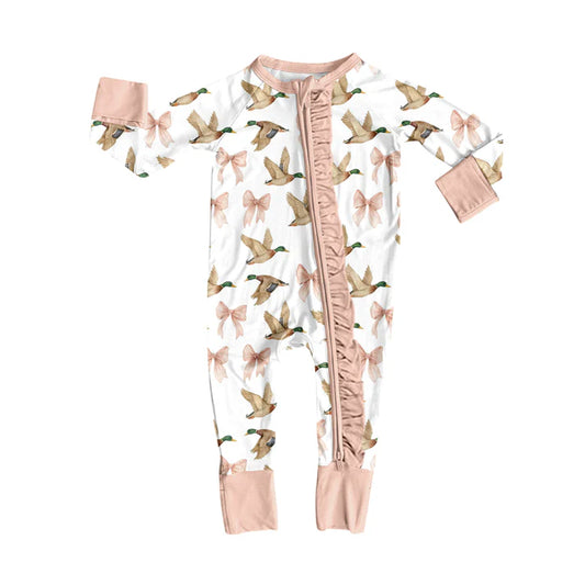 Preorder(moq 5)Baby Girls Bows Ducks Pink Zipper Footie Rompers 8.9