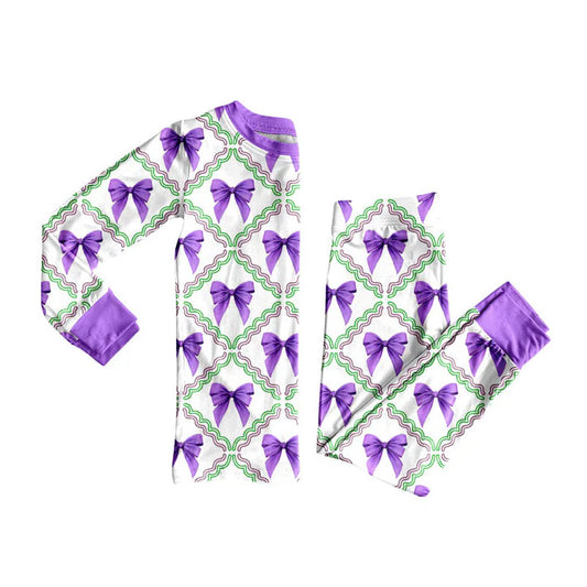 Preorder (moq 5)Baby Girls Mardi Gras Purple Bows Checked Top Pants Pajamas Sets 9.3