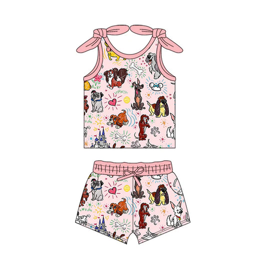 Preorder moq 5 Baby Girls Bows Sleeveless Cartoon Dogs Top Pockets Short Set 4.15