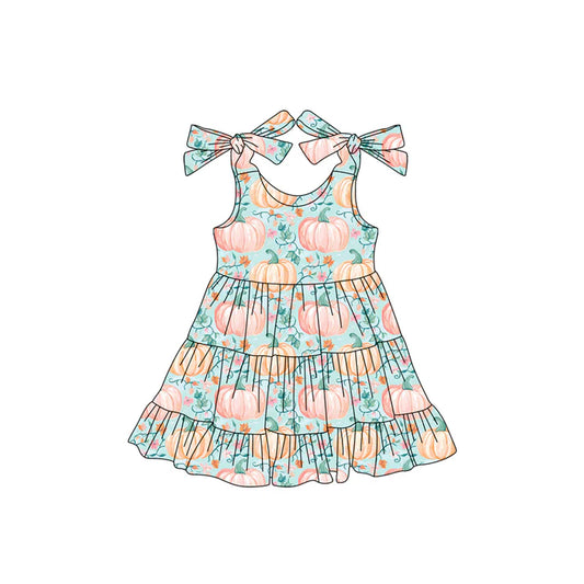 Preorder (moq 5)Baby Girls Bows Sleeveless Blue Flowers Pumpkins Plaid Ruffle Knee Length Dresses 6.12