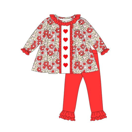 Preorder (moq 8)Baby Girls Red Daisy Hearts Tunic Ruffle Leggings Valentine Clothes Sets 9.6